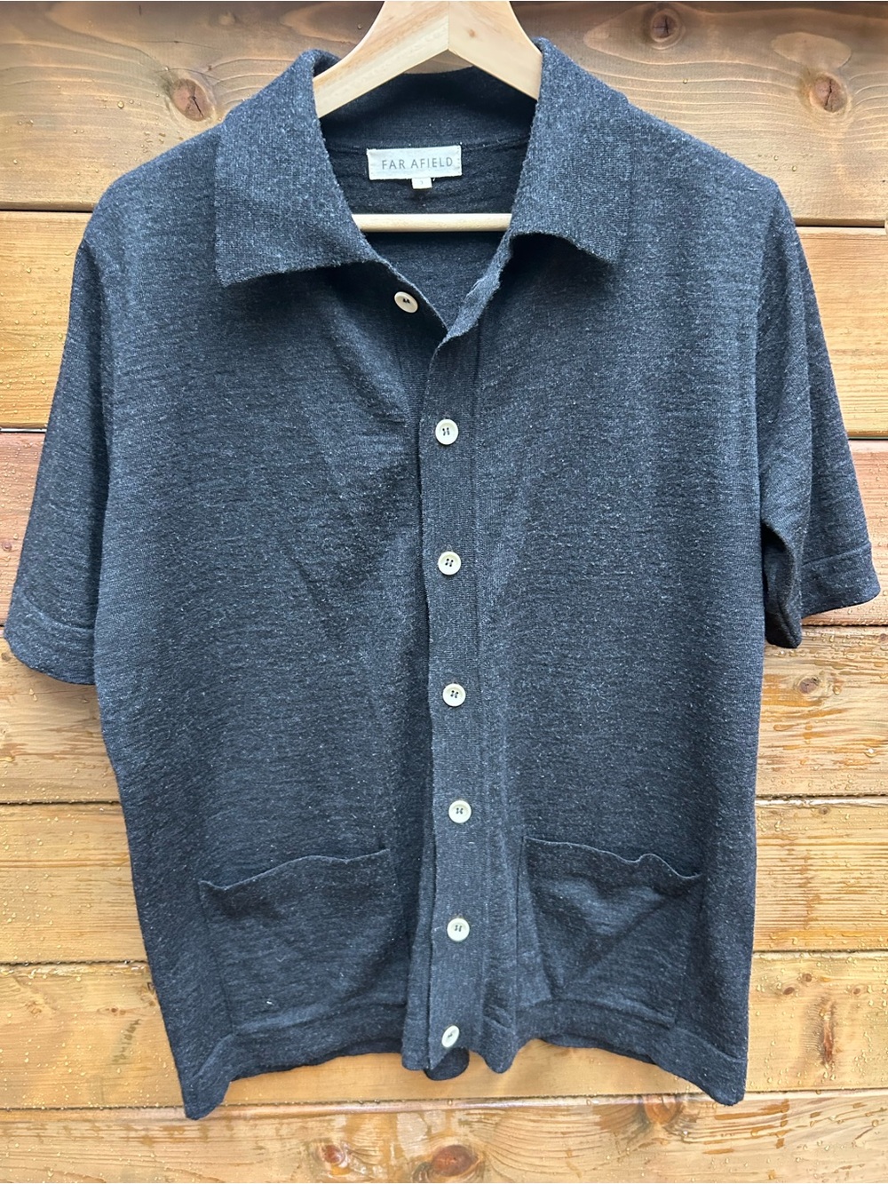 Far Afield Large charcoal grey knit sweater short sleeved polo